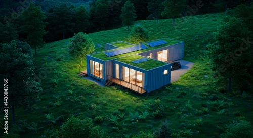 Casa ecológica de contenedores en bosque nocturno