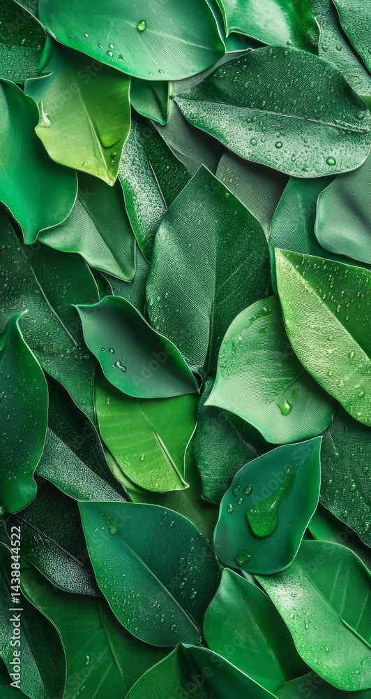 Obraz premium A flat lay of lush green leaves creates an abstract background for the eco-friendly product. The focus is on natural textures and patterns, with water droplets adding detail to create depth.