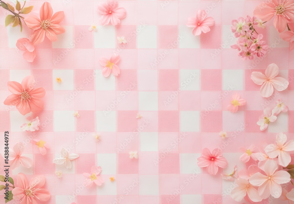 Obraz premium Delicate pink flowers on a checkered tablecloth