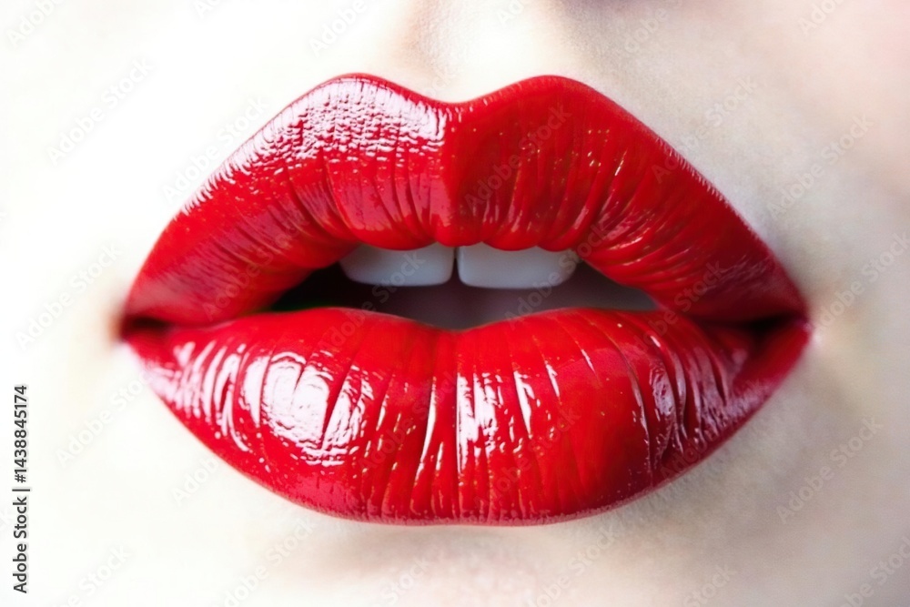 Obraz premium Bold crimson pout, stark white isolated setting, cosmetic, crimson lips, matte
