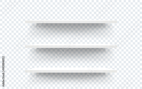 Shelves isolated on transparent background. Empty supermarket racks. White shelves for product display, interior design or showcase. Minimal and clean layout. Vector illustration.