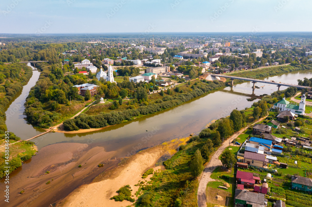 Fototapeta premium View from drone of Buy town with Blagoveshchensky cathedral at Kostroma region, Russia