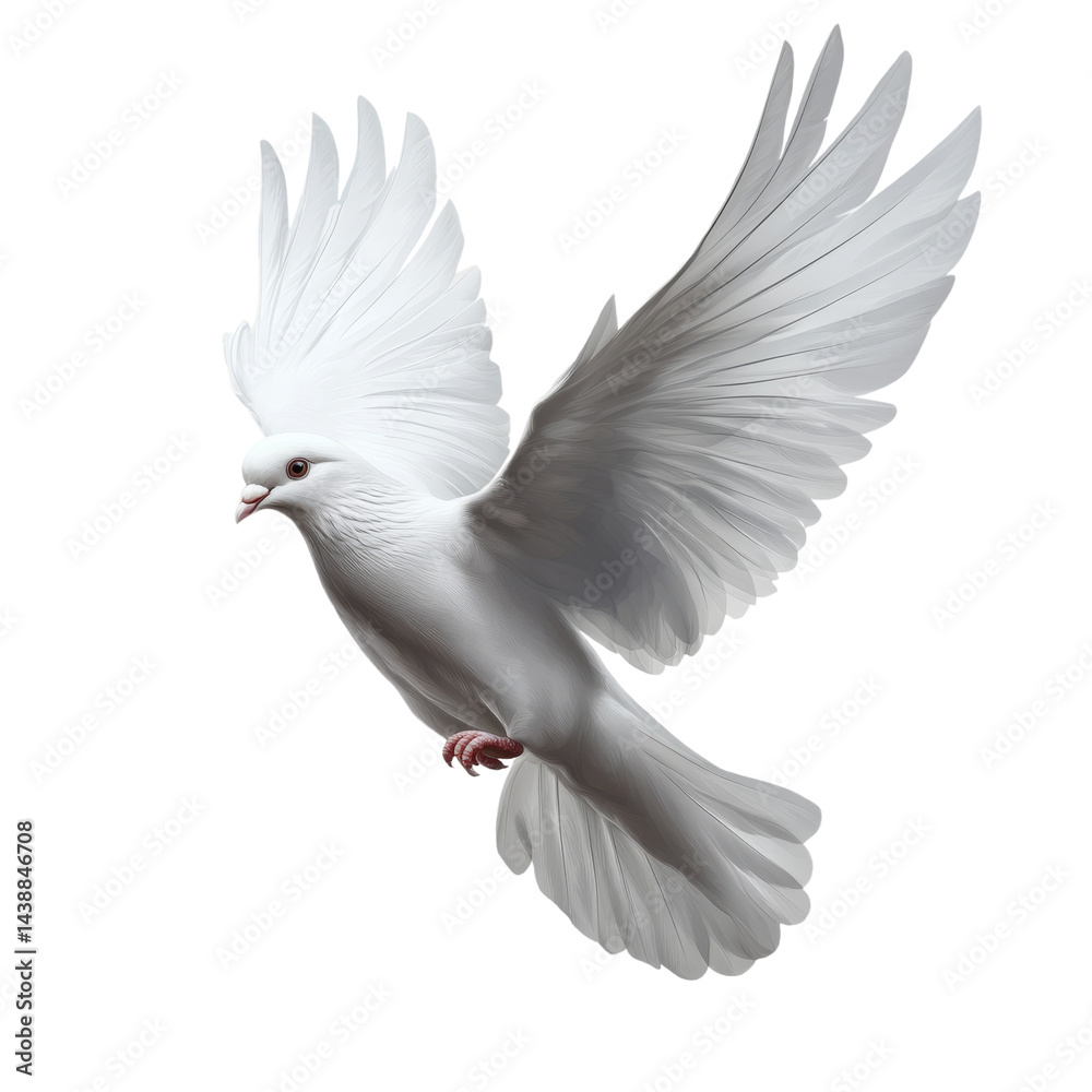 Fototapeta premium Beautiful white dove is soaring gracefully through air, showcasing its elegant wings and serene presence. This captures essence of peace and freedom on a transparent background