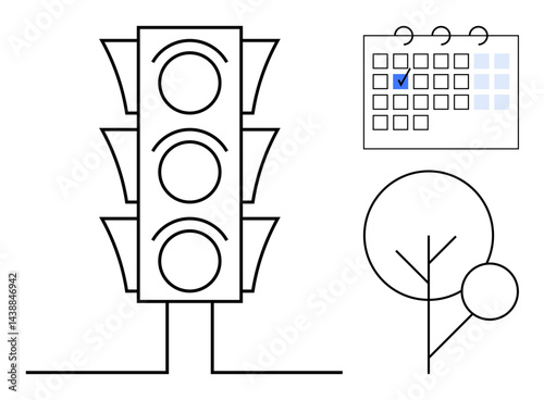 Traffic light underlines decision stages, calendar with marked date represents planning, and tree symbolizes sustainability. Ideal for planning, organization, time management, progress tracking