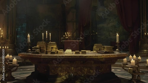 Ornate Luxury Table with Gold Bars and Candles in Grand Room