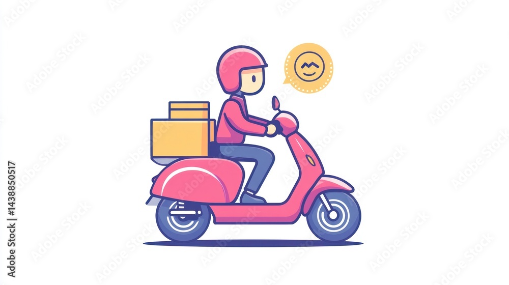 Courier on Scooter Delivering Package with Smiley, Use for food/product delivery service, white Courier on Scooter Delivering Package with Smiley, Use for food/product delivery service, white