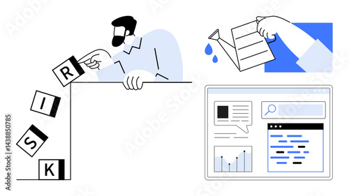 Man balancing falling RISK blocks while hand waters a plant representing growth. Includes web interface with charts. Ideal for risk management, business growth, finance, innovation, digital strategy