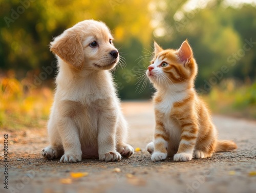 Adorable puppy and kitten on a path