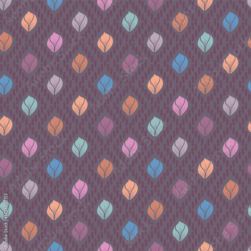 Pastel Colors of Block Print Tulips in a Diamond Textured Shape on a Burgundy Background creating a seamless pattern print