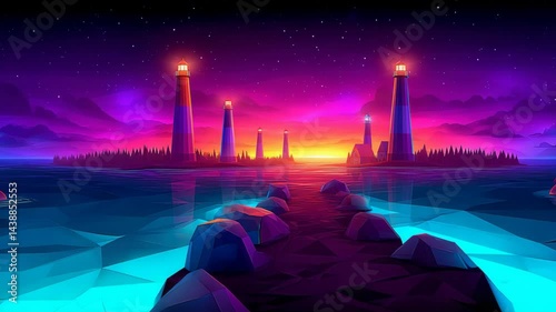 Vibrant sunset over a tranquil sea with lighthouses illuminating the shoreline