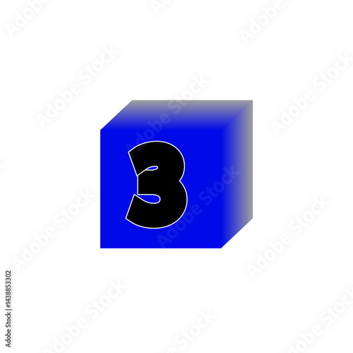 Blue cube illustration. Number three shape. Geometric vector design. Black digit symbol.
