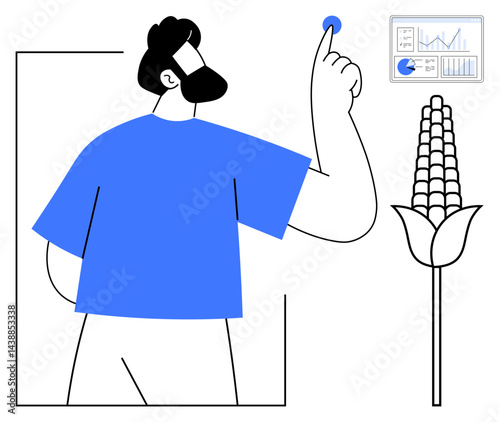 Man holding a small object, corn plant visible, digital dashboard with charts and graphs. Ideal for agriculture, technology, analysis, innovation, farming, crop monitoring simple landing page