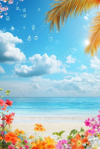 Wallpaper Mural Tropical beach scene with flowers and bubbles Torontodigital.ca
