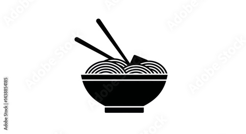 Black and white vector illustration of a bowl of noodles with chopsticks for asian cuisine concepts and restaurant menus