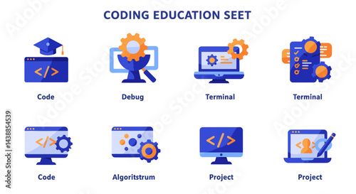 Coding education and software development process with coding, debugging, terminal, algorithm, and project icons for educational resources
