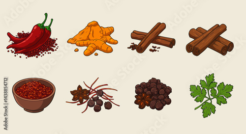 Colorful assortment of culinary spices illustration featuring chili peppers, turmeric, cinnamon, star anise, and fresh herbs for cooking enthusiasts