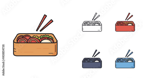 Colorful bento box illustration with chopsticks featuring a variety of food items and different style variations for diverse design needs