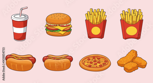 Colorful cartoon illustration of fast food meal including burger, fries, pizza, soda and hotdog for restaurant menu and advertising design.