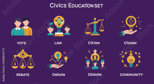 Colorful civics education icons set showcasing democracy, law, citizen rights and community engagement for educational resources