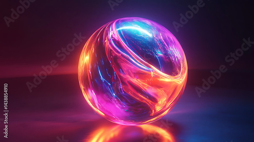 A hyperrealistic 3D render of an AI glass orb, technologic, fluid, beautiful, dynamic looking, neon lights, colors: orange, red, purple, blue and pink. 