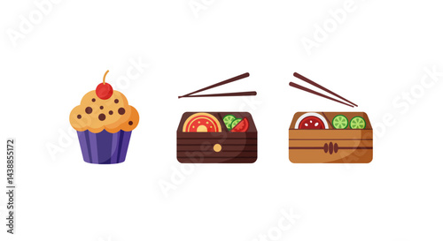 Cupcake with cherry and lunch boxes with chopsticks offering a balanced meal option