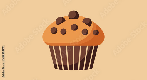 Delicious chocolate chip muffin vector illustration on a beige background perfect for bakery themed designs and breakfast menus