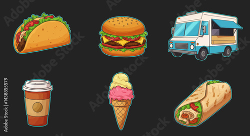 Delicious street food icons including taco, burger, food truck, coffee, ice cream and burrito, perfect for restaurant menus and food promotions