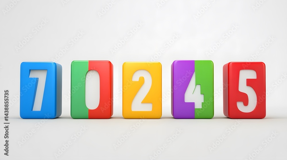 Colorful blocks spelling out the number 70245 against a white background. Perfect for playful number, counting, or education related concepts. Colorful blocks spelling out the number 70245 against a white background. Perfect for playful number, counting, or education related concepts.
