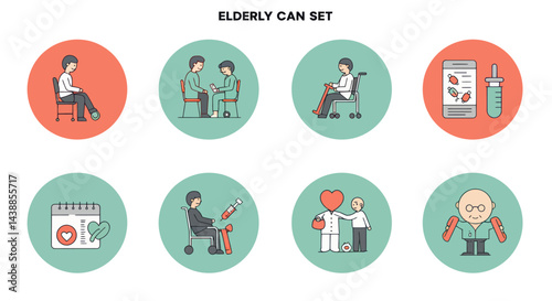 Elderly care assistance icons set depicting healthcare support and medical assistance for seniors, promoting healthy aging