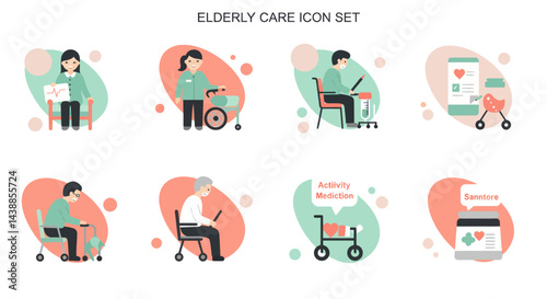 Elderly care icon set depicting healthcare assistance and support for seniors well being