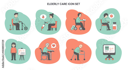 Elderly care icon set featuring healthcare, assistance, and support for seniors and older adults with a clean, modern design for various applications