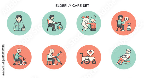 Elderly care set icons illustrating senior assistance and medical support for seniors