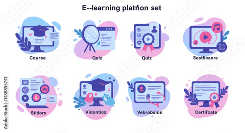 E-learning platform set icons with course, quiz, stidors, sestficanre, vidontics, vebrobsion and certificate designs for online education and training