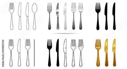Elegant cutlery set featuring forks knives and spoons in various design styles for dining concepts