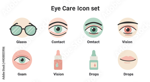 Eye care icon set featuring glasses, contacts, eye drops, and vision health for medical and healthcare designs