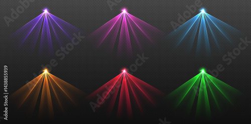 Colorful laser beams, stage decoration, party led effect, neon club spotlights. Podium design element. Vector illustration.