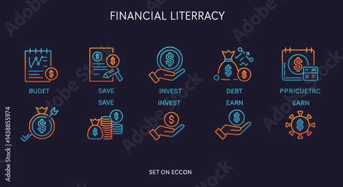 Financial literacy icons set representing budget, savings, investment, debt and earnings in a modern gradient style