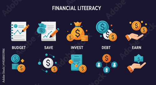 Financial literacy vector icons illustrating budget, save, invest, debt, earn and money management for educational and business purposes