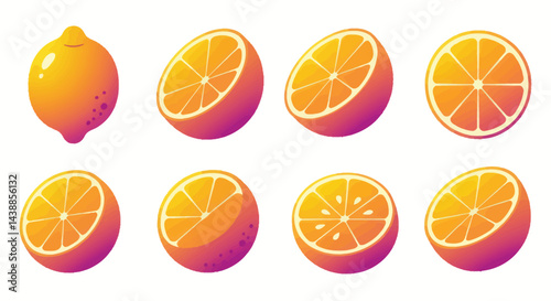 Fresh and vibrant collection of orange citrus fruit slices and whole fruit with a modern gradient design for healthy eating and summer themes