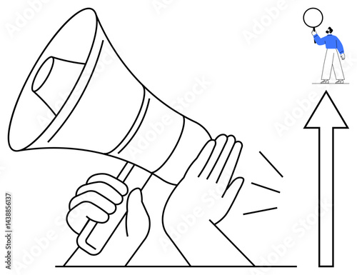 Hand holding megaphone projecting impact, upward arrow symbolizing growth, person observing balloon. Ideal for communication, marketing, announcement, leadership, growth strategy, awareness simple