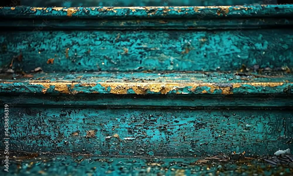 Macro Shot of Weathered Teal Painted Wooden Steps with Layers of Peeling Paint and Gold Accents Macro Shot of Weathered Teal Painted Wooden Steps with Layers of Peeling Paint and Gold Accents