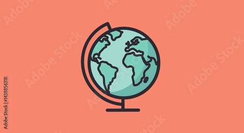 Globe illustration with continents displayed on a coral background for education and global awareness