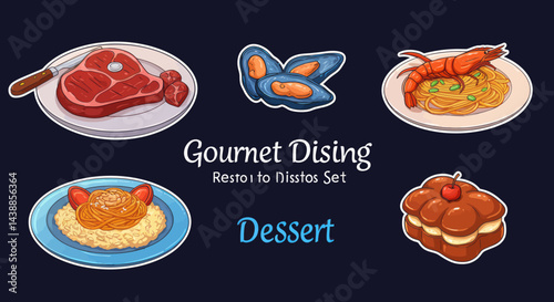 Gourmet dining sticker set featuring steak, mussels, shrimp pasta, dessert, and spaghetti with tomato sauce for restaurant design and menu illustrations