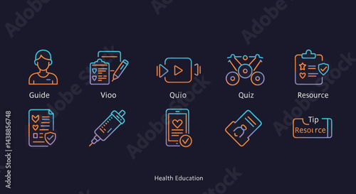 Health education neon icons set for online learning and medical resources with guide, video, quiz, and tips for healthcare knowledge