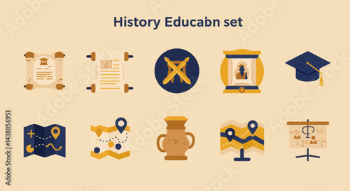 History education icon set for presentations and teaching materials featuring maps, scrolls, pottery and graduation cap, perfect for historical studies