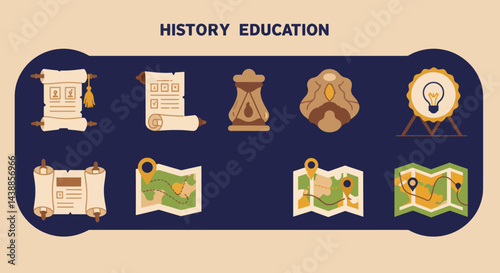 History education vector illustration with scroll, map, hourglass, rock and lightbulb icons for heritage learning and knowledge