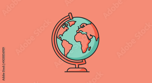 Illustrated world globe on stand with continents and oceans against a solid background for education and travel concepts