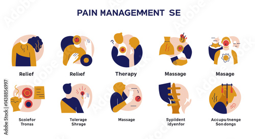 Illustration depicting pain management techniques for various conditions with relief and therapy options