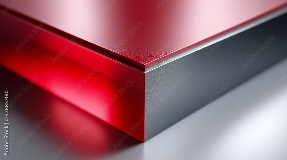 Nahaufnahme einer abstrakten, modernen Ecke aus metallisch roten und grauen geometrischen Formen mit scharfen Kanten