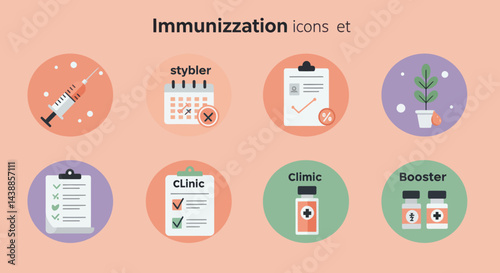 Immunization icons set showcasing vaccine syringe, calendar, patient chart, and booster shots on pastel background for health and wellness